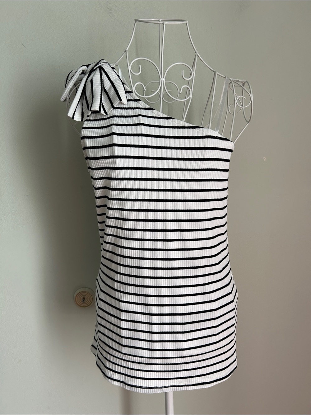 Doe & Rae Black and White Striped One-Shoulder Bow Tank